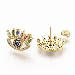 Real 18K Gold Plated Brass Micro Pave Colorful Cubic Zirconia Stud Earrings, with Earring Backs, Eye, Real 16K Gold Plated, 12.5x17.5mm, Pin: 0.7mm
