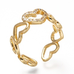 Настоящее золото 18K Латунные кольца из манжеты с прозрачным цирконием, открытые кольца, сердце, без кадмия и без свинца, реальный 18 k позолоченный, размер США 6 (16.5 мм)