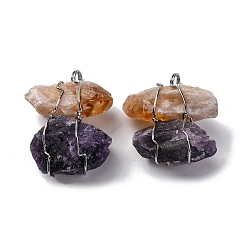 Желтый Кварц Натуральные желтые кварцевые и аметистовые самородки большие подвески, амулеты из медной проволоки, платина, без свинца и без кадмия, 40~52.5x36.5~44.5x17~23.5 мм, отверстие : 4.5 мм