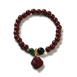 Fish 6mm Round Cinnabar Mala Stretch Bracelets, with Synthetic Malachite and Natural Agate, Fish, Inner Diameter: 2 inch(4.95~5.1cm)