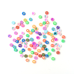 Mixed Color Handmade Polymer Clay Alphabet Beads, Flat Round, Mixed Color, 9.5~10x4.5~5mm, Hole: 1.8~2mm, about 100pcs/bag
