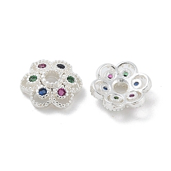 Серебро Латунные микро проложить кубического циркония Шапочки, долговечный, 6-лепестки, цветок, серебряные, 8x2.5 мм, отверстие : 1.5 мм