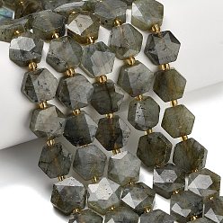 Labradorite Brins de perles de labradorite grise naturelle, hexagone, coupe hexagonale facettée, avec des perles de rocaille, 12~12.5x13~14.5x4.5~6.5mm, Trou: 0.8~1mm, Environ 26~27 pcs/chapelet, 15.16~15.47'' (38.5~39.3 cm)