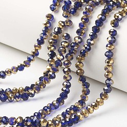 Dark Blue Electroplate Transparent Glass Beads Strands, Half Golden Plated, Faceted, Rondelle, Dark Blue, 4x3mm, Hole: 0.4mm, about 113~115pcs/strand, 41~42cm