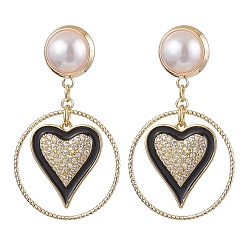 Golden Brass Eamel with Micro Pave Clear Cubic Zirconia with ABS Plastic Imitation Pearl Beads Stud Dangle Earrings, Heart, Golden, 44x25mm