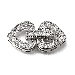 Platinum Brass Micro Pave Clear Cubic Zirconia Fold Over Clasps, Heart, Nickel Free, Platinum, 26mm