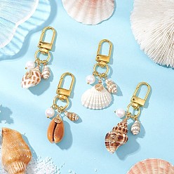 Золотой Подвески из натуральных ракушек, Бусины из пластика с помпоном и поворотные застежки из сплава, подвески для украшений сумок, золотые, 62~69.5 мм, 4 шт / комплект