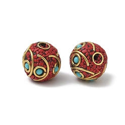 Roja Cuentas de latón, resina y arcilla polimérica, rondo, dorado, rojo, 12.5x11 mm, agujero: 1.4~1.5 mm