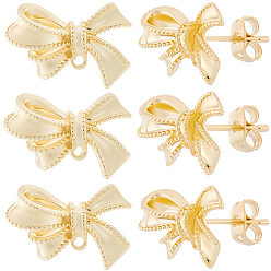Настоящее золото 14K 5 пары латунных сережек-гвоздиков, бантом, с латунными фрикционными гайками с реечным покрытием 10шт., реальный 14 k позолоченный, 11.5x16.5 мм, отверстие : 1.2 мм, штифты : 11x1 мм