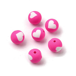 Темно-Розовый Бусины из полимерной глины , круглые с сердца шаблона, темно-розовыми, 10 мм, отверстие : 1.5 мм