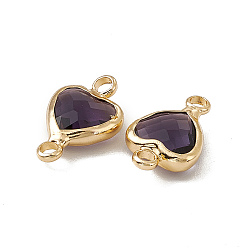 Tanzanite Transparent K9 Glass Connector Charms, Heart Links, with Light Gold Tone Brass Findings, Tanzanite, 14x8.5x3.7mm, Hole: 1.8mm