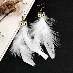 White Alloy Enamel Dangle Earrings for Women, Owl, with Feather, White, 120x45mm