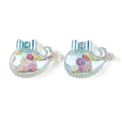 Light Sea Green Transparent Epoxy Resin Whale with Bowknot Decoden Cabochons, with Glitter Powder, Light Sea Green, 19x26x7.5mm