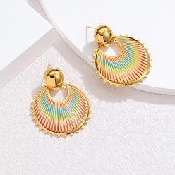 Настоящее золото 18K Плоские круглые 304 из нержавеющей стали болтаться серьги-гвоздики, реальный 18 k позолоченный, 43x37 мм