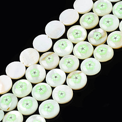 Light Green Natural Freshwater Shell Enamel Beads, Flat Round with Flower, Light Green, 11x3mm, Hole: 0.8mm, about 32pcs/strand, 14.37 inch(36.5cm)