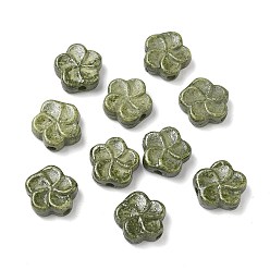 Olive Drab Vintage Handmade Porcelain Beads, Fancy Antique Glazed Porcelain, Flower, Olive Drab, 15x15x6mm, Hole: 2mm