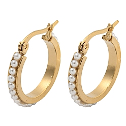 Золотой Вакуумное покрытие pvd 202 серьги-кольца из нержавеющей стали, со 304 штифтами из нержавеющей стали и пластиковой жемчужиной, кольцо, золотые, 21.5x3 мм