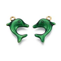 Зеленый 304 нержавеющей стальной эмали подвески, прелести дельфинов, ионное покрытие (ip), реальный 18 k позолоченный, зелёные, 20.5~21x13~14x4 мм, отверстие : 1.7~1.8 мм