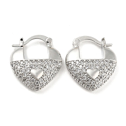 Platine Boucles d'oreilles créoles épaisses en laiton, forme de cœur, micro pavé, zircone cubique transparente, plaqué longue durée, sans cadmium et sans plomb, platine, 22x19x5mm
