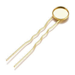 Oro Fornituras de horquilla de pelo de hierro, con cabochon ajustes latón redondas planas, larga duración plateado, dorado, Bandeja: 14 mm, 79x16x3 mm