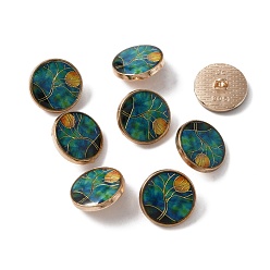 Teal Alloy Enamel Shank Buttons, Flat Round with Tree, Light Gold, Teal, 18x7~8mm, Hole: 2mm