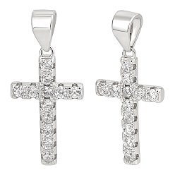 Платина 2шт. 925 подвески в виде креста из стерлингового серебра с микропаве из прозрачных кубических цирконий, с печатью 925, родий, платина, 15x8.5x2 мм, отверстие : 4x3 мм