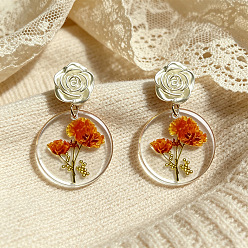 Dark Orange Iron & Acrylic Stud Dangle Earrings for Women, Flat Round & Flower, Silver, Dark Orange, 45x30mm