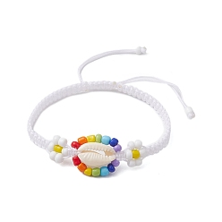 Белый Браслеты из плетеных бусин из ракушек каури и стеклянных семян, регулируемый нейлоновый браслет, белые, внутренний диаметр: 2-1/8~3-1/8 дюйм (5.5~8 см)