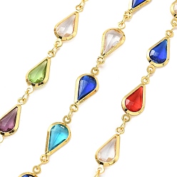 Разноцветный Латунные стеклянные каплевидные звенья цепи, с катушкой, долговечный, пайки, без свинца и без кадмия, стойки покрытие, реальный 18 k позолоченный, красочный, 16.5x7x2.5 мм