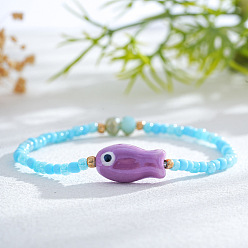 Темно-Голубой Эластичные браслеты из смолы и фарфоровых бусин для женщин, рыба, глубокое синее небо, 6.89 дюйм (17.5 см)