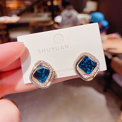 Rhombus Glass Earrings for Women, with Alloy Rhinestone Findings , Rhombus, 18x11mm