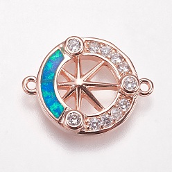 Blue Brass Micro Pave Cubic Zirconia Links, with Synthetic Opal, Flat Round with Star, Rose Gold, Blue, 13.5x17.5x2.5mm, Hole: 1mm