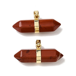 Красный Камень Двойные остроконечные подвески из натуральной красной яшмы, граненые брелоки в форме пули с латунными застежками на дужках, стойки покрытие, золотые, 12.5x32~32.5x9.5 мм, отверстие : 6x4.5 мм