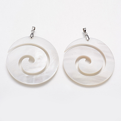 White Shell Natural White Shell Mother of Pearl Shell Big Pendants, with Platinum Tone Brass Findings, Vortex, 49x50x4mm, Hole: 4x4.5mm