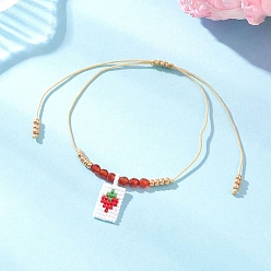 Клубника Регулируемые браслеты ручной работы из бусин из стекла Миюки и натурального агата, плетеные браслеты из бисера для женщин, клубника, внутренний диаметр: 3-1/2 дюйм (8.9 см)