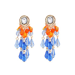 Aciano Azul Pendientes de botón con borla en forma de lágrima de aleación de zinc y acrílico para mujer, la luz de oro, azul aciano, 69x31 mm