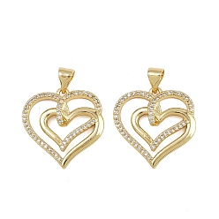 Настоящее золото 16K Латунные микро проложить кубического циркония подвески, сердце, реальный 16 k позолоченный, 20x20x4 мм, отверстие : 3x4 мм