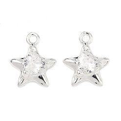 Серебро Подвески из латуни с прозрачным фианитом, звезды прелести, серебряные, 12.5x10.5x4 мм, отверстие : 1.4 мм