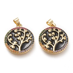 Черный Латунные микро проложить кубического циркония подвески, с эмалью, реальный 18 k позолоченный, плоские круглые с деревом, чёрные, 23x20x2 мм, отверстие : 3x5.5 мм