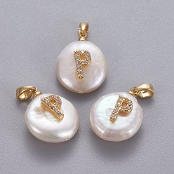 Letter P Подвески из натурального пресноводного жемчуга, с латунными микро проложить кубических выводы циркония, самородки с буквой, долговечный, золотые, прозрачные, letter.p, 17~27x12~16x6~12 мм, отверстие : 4x2.5 мм