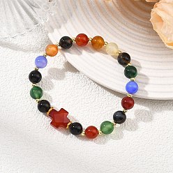 Natural Agate Dyed & Heated Natural Multi-Color Agate & Red Agate & Brass Beads Stretch Bracelets, Cross & Coss, Beads: 8mm, Inner Diameter: 2.17 inch(5.5cm)