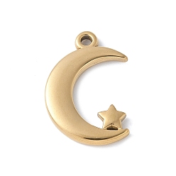 Настоящее золото 18K 304 подвески из нержавеющей стали, луна со звездным шармом, вакуумное покрытие pvd, реальный 18 k позолоченный, 24x16.5x3 мм, отверстие : 2 мм