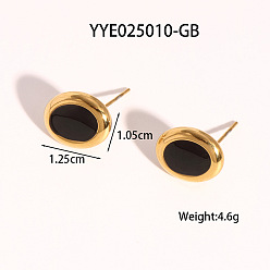 Золотой Овальные серьги-гвоздики из нержавеющей стали с черной эмалью для женщин, золотые, 10.5x12.5 мм