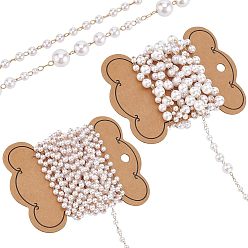 WhiteSmoke 2M ABS Plastic & 4M Acrylic Pearl Beaded Chains, with Brass Findings, Unwelded, with Spool, Light Gold, WhiteSmoke, 3~8mm, 4mm