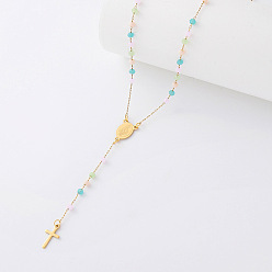 Colorful Vintage Resin Rosary Bead Necklaces, 304 Stainless Steel Religion Cross Virgin Pendant Necklaces for Women, Golden, Colorful, 20.87 inch(53cm)