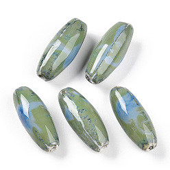 Темный Морско-зеленый Фарфоровые бусины ручной работы, фантазии античного стекла фарфора, овальные, темно-зеленый, 30~32x12~13.5 мм, отверстие : 2~3.5 мм