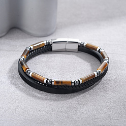 Tiger Eye Column Natural Tiger Eye Braided PU Leather 3-Strand Bracelets with Stainless Steel Magnetic Clasps for Men, Stainless Steel Color, 7.87 inch(20cm)