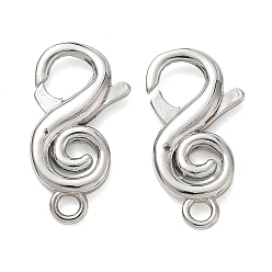 Platinum Brass S-Shaped Swirl Lobster Clasp for Jewelry Making, Cadmium Free & Lead Free, Rack Plating, Long-Lasting Plated, Platinum, 23x12x3.5mm, Hole: 2.5mm