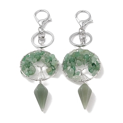 Green Aventurine Natural Green Aventurine Keychain, with Platinum Brass & Iron Findings, Long-Lasting Plated, Lead Free & Cadmium Free, Flat Round with Tree of Life, 15.7cm