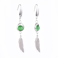 Зеленый 304 из нержавеющей стали болтаться серьги, с латунными рамками из бисера и бусинками "кошачий глаз", перо, зелёные, 66 мм , штифт: 0.6 мм